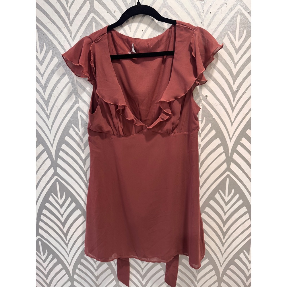Princess Polly I Guess So Ruffle Mini Dress Flutter Sleeve V-Neck Terracotta 10 - Picture 2 of 8